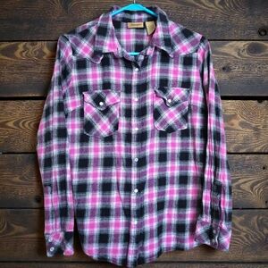 Wrangler Pink Plaid Flannel Shirt Western Cowgirl Ranch Casual Pearl Snaps Sz M